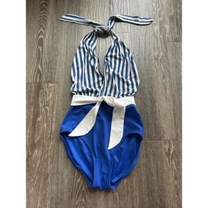 Vintage 70s DeWeese Design Blue Pinstripe Nautical One Price Swim Suit Retro